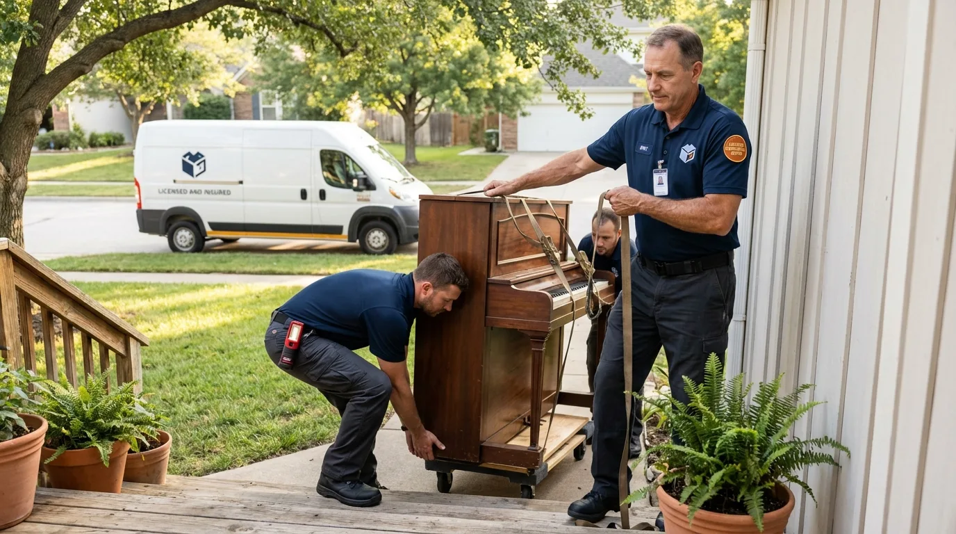 Licensed piano movers securing grand piano in Palouse, WA